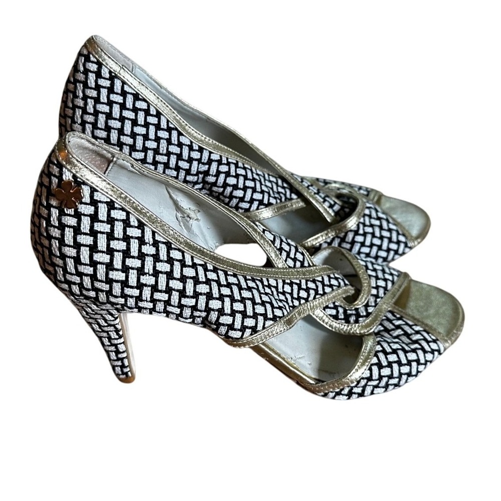 Paula Torres Black White Woven Gold Trim Peep Toe Stiletto Heels Women's 37